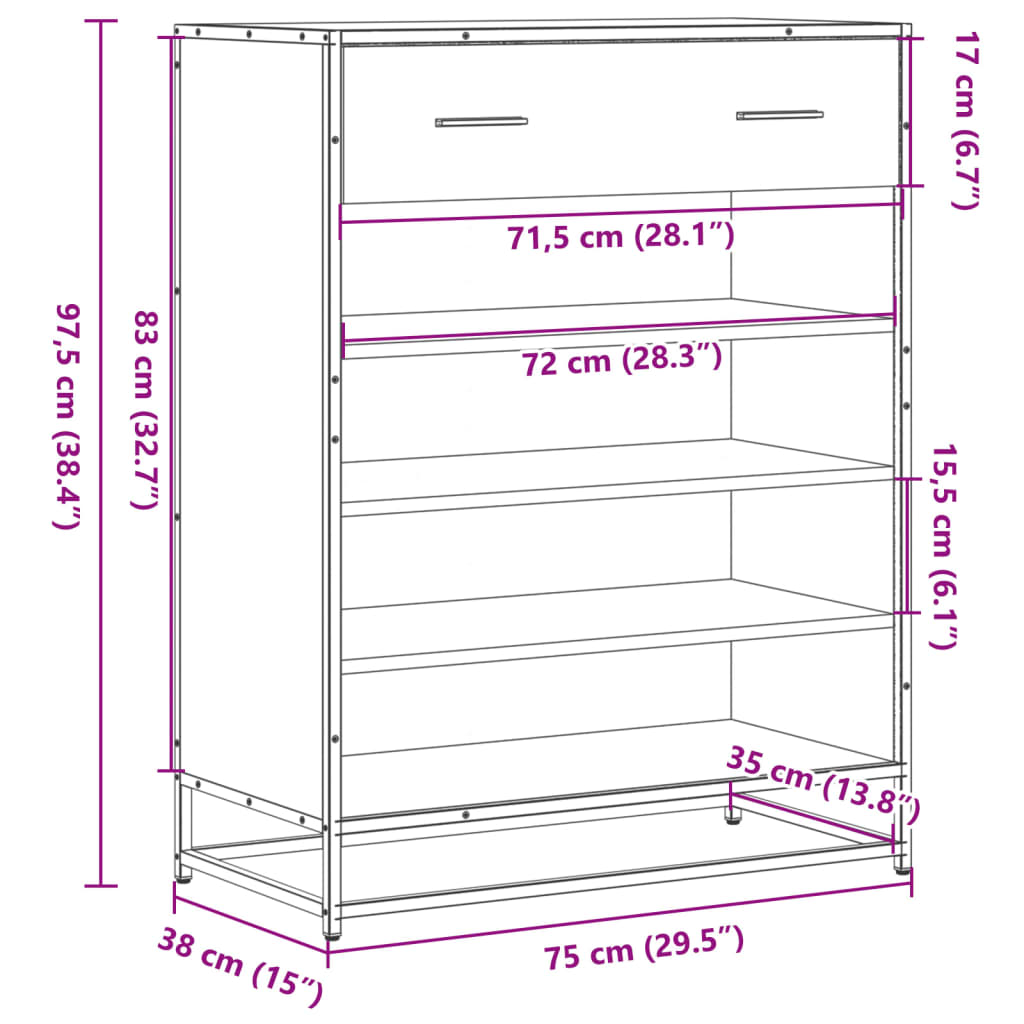 skoskab 75x38x97,5 cm konstrueret træ og metal brun egetræ