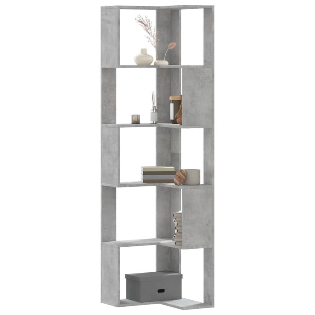 Bogreol til hjørne 50×50×179 cm - 5 hylder, konstrueret træ, betongrå