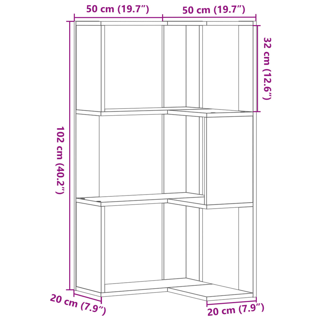 bogreol til hjørne 50x50x102 cm 3 hylder konstrueret træ hvid
