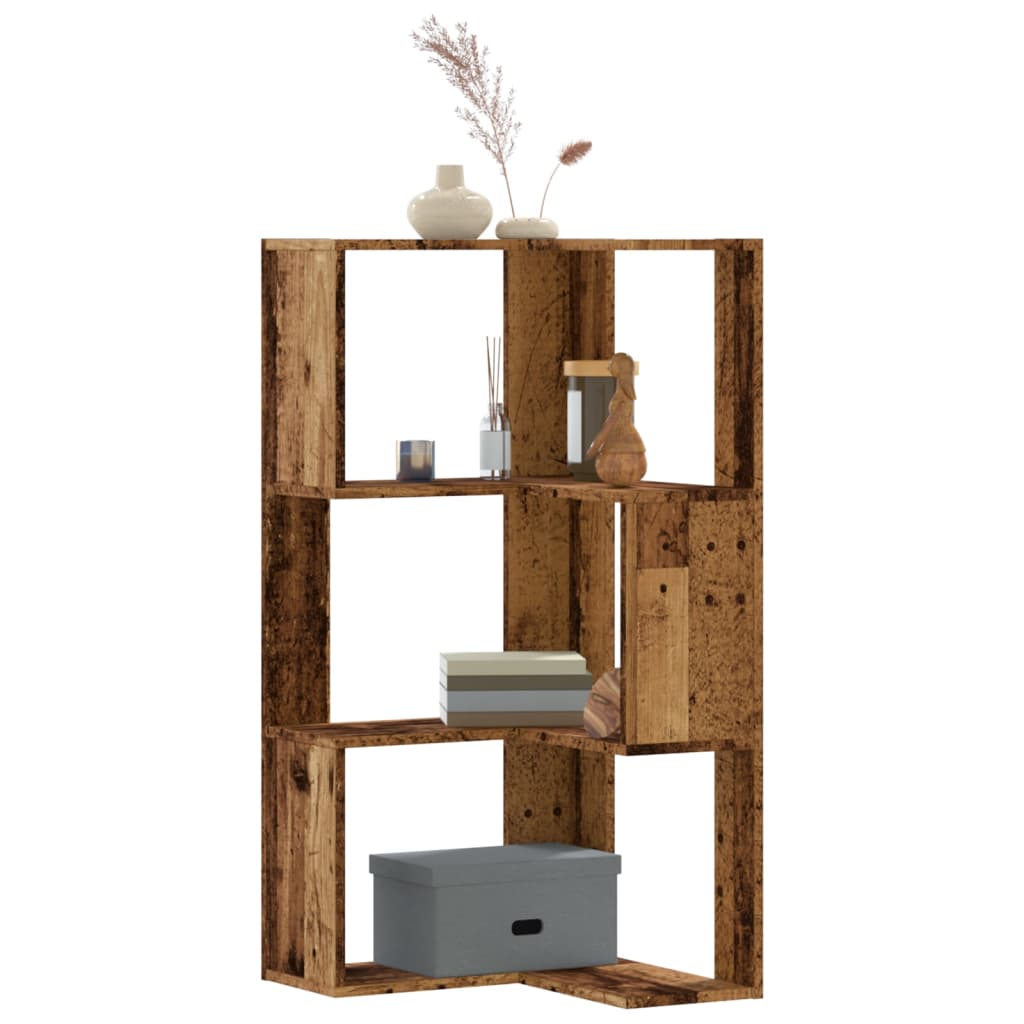 Bogreol til hjørne - 50×50×102 cm, 3 hylder, konstrueret træ, antikt træ