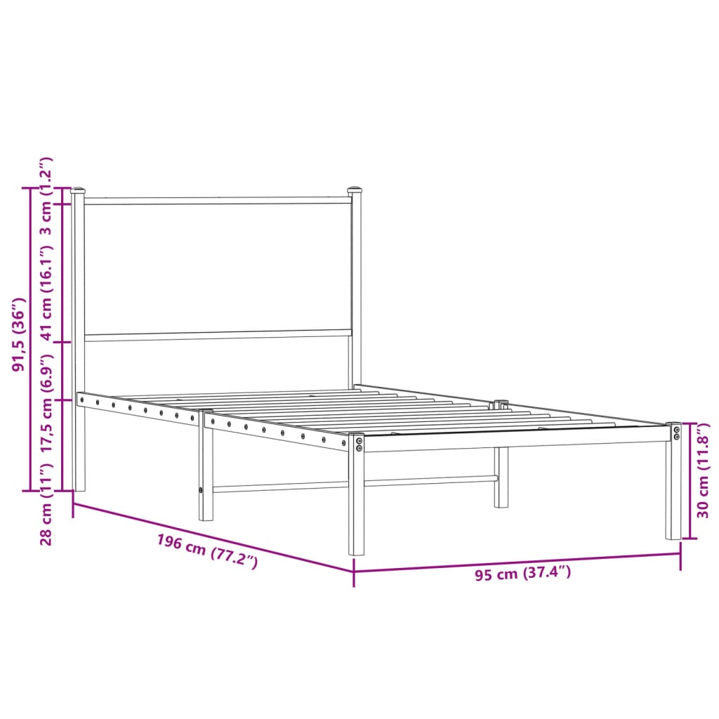 sengeramme uden madras 90x190 cm metal røget egetræsfarve
