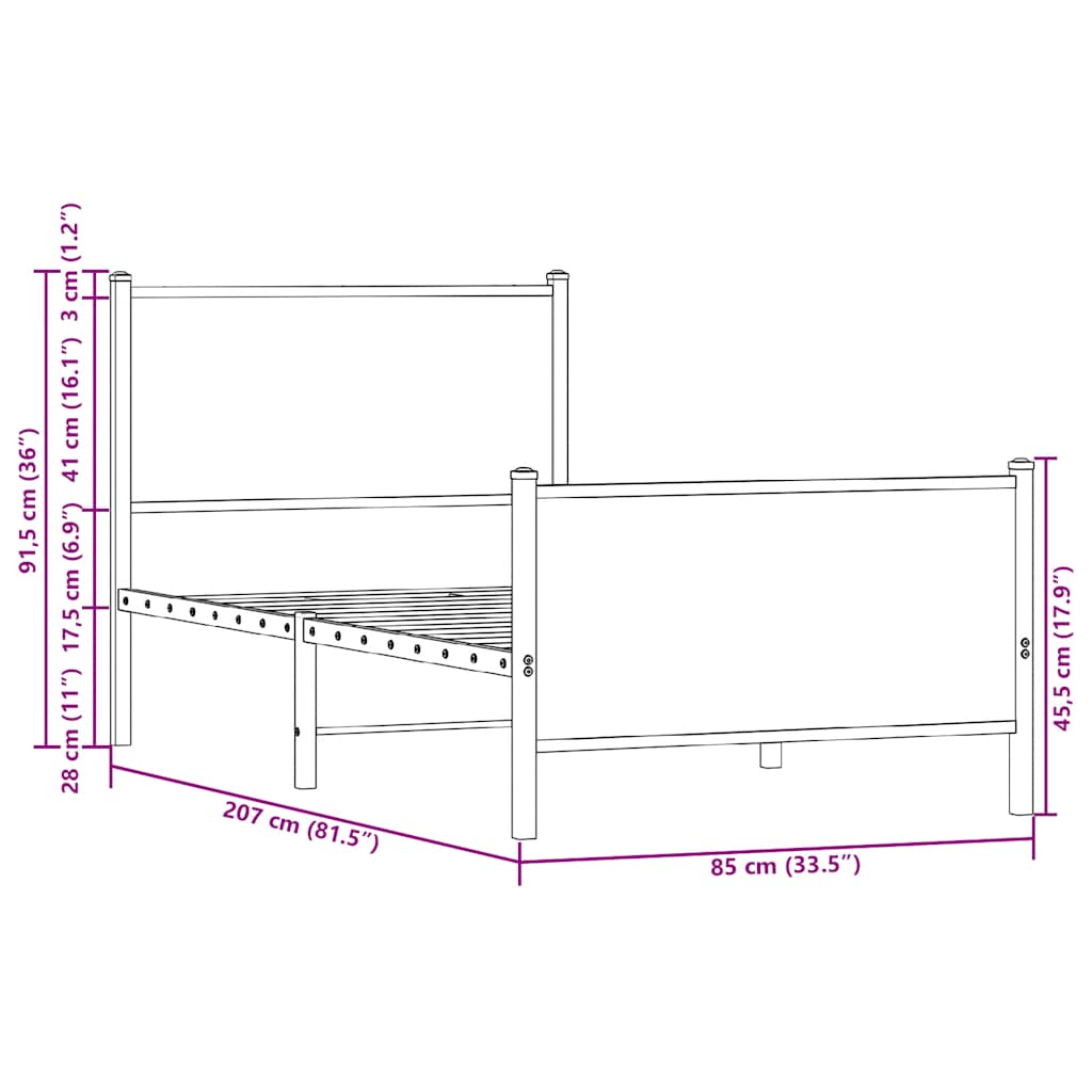 sengeramme uden madras 80x200 cm metal røget egetræsfarve