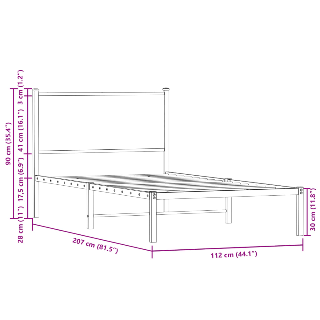 sengeramme 107x203 cm uden madras metal brun egetræsfarve