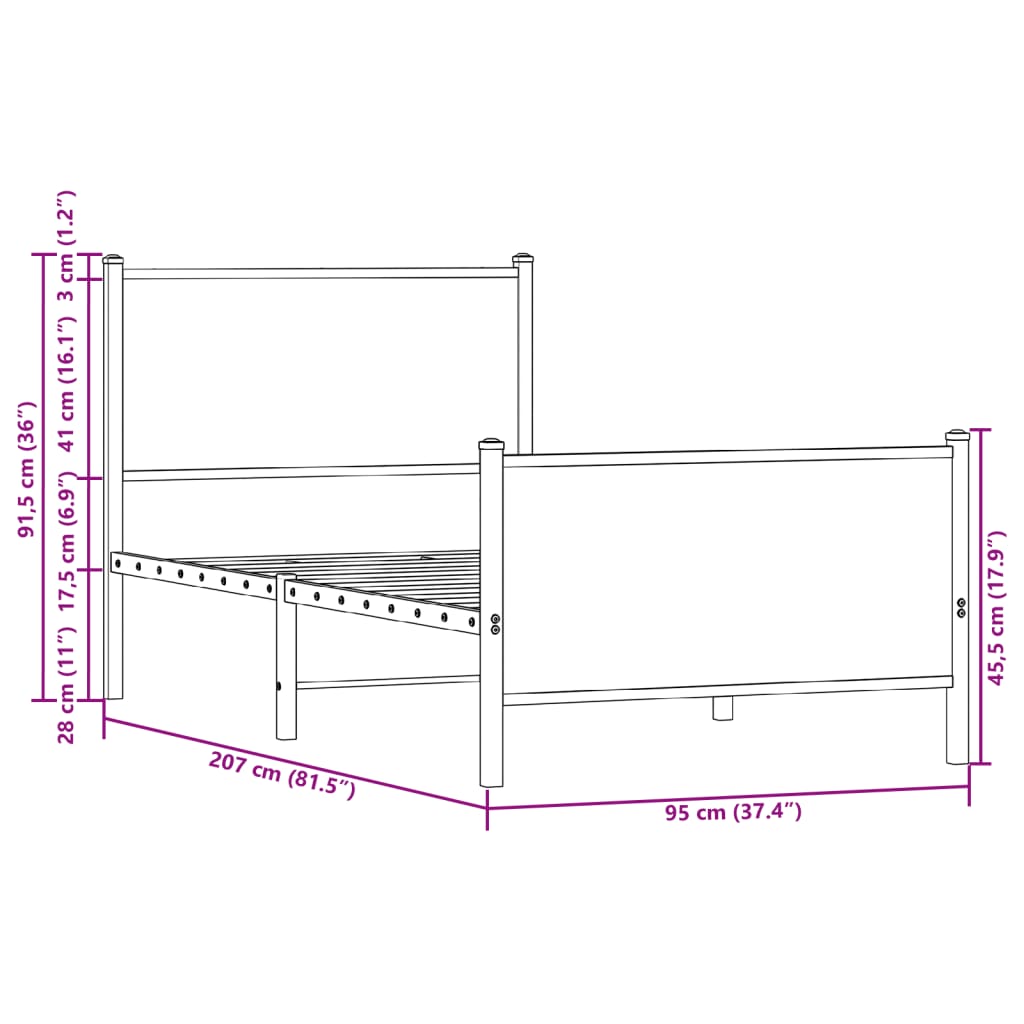 sengeramme 90x200 cm uden madras metal brun egetræsfarve