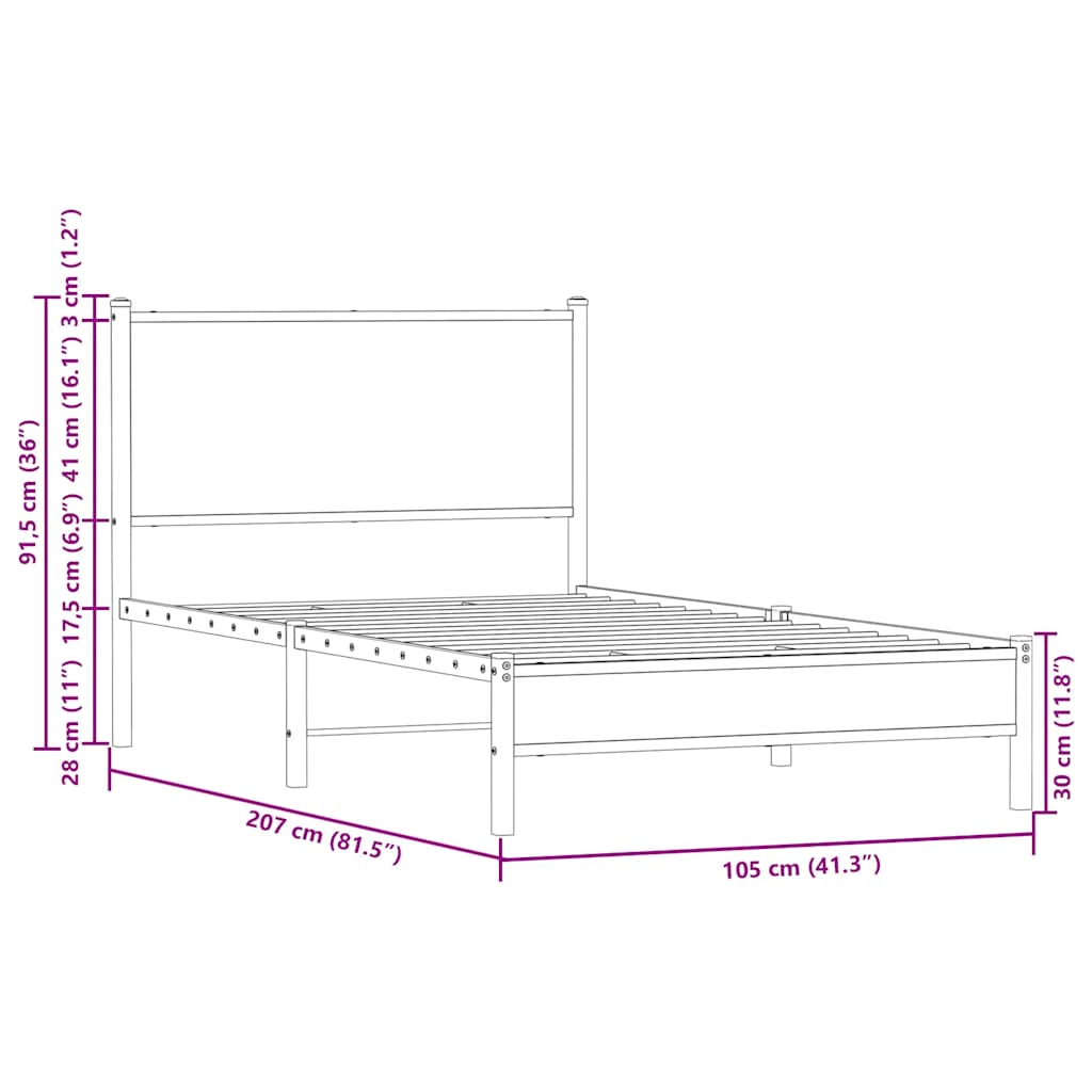 sengeramme uden madras 100x200 cm metal røget egetræsfarve