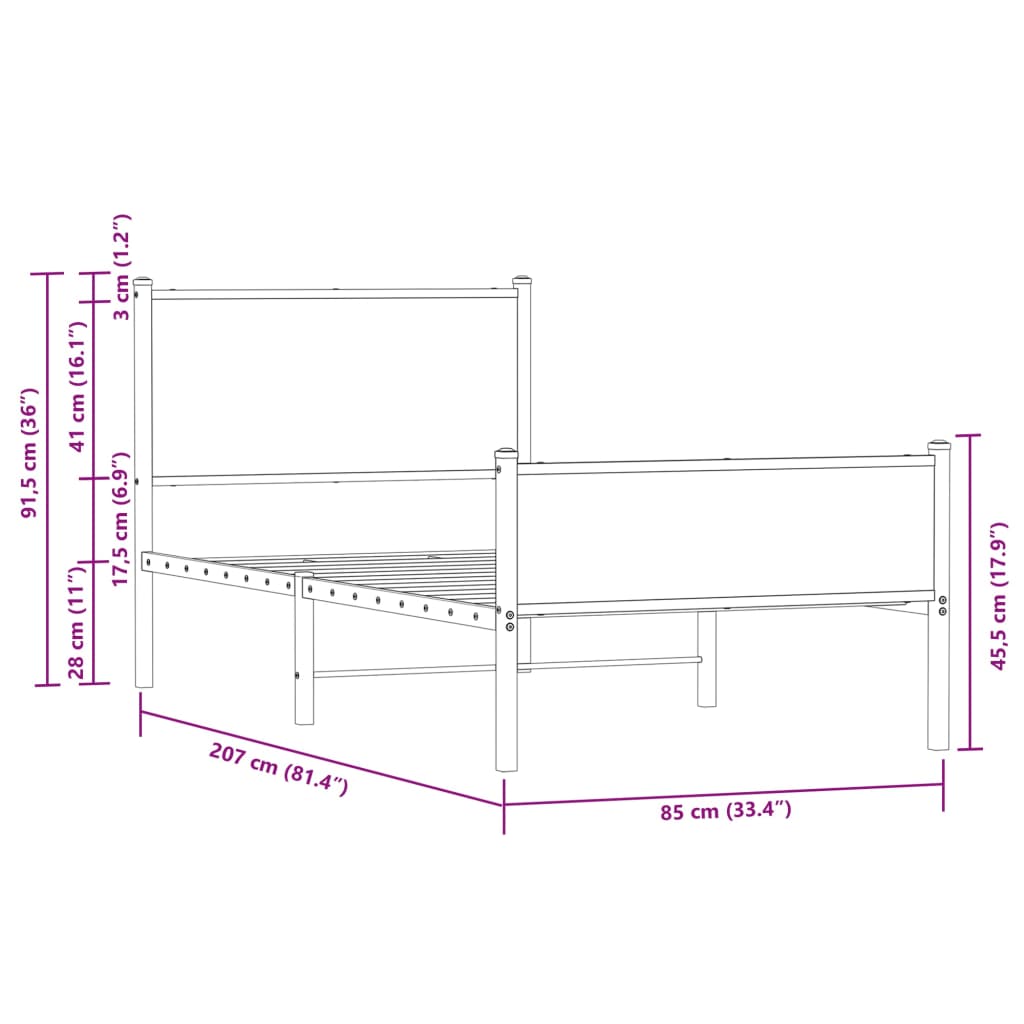 sengeramme uden madras 80x200 cm metal røget egetræsfarve