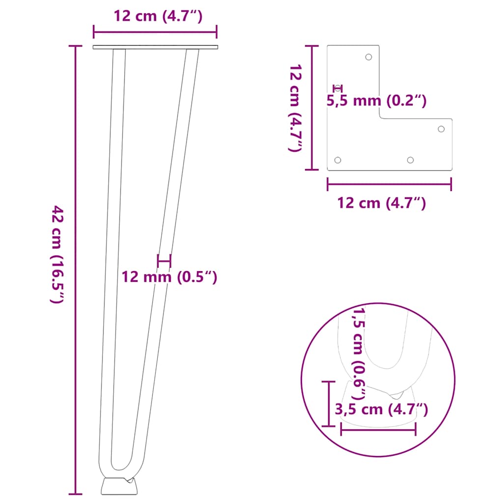 hårnåleben til sofabord 4 stk. hvid 42 cm massivt stål