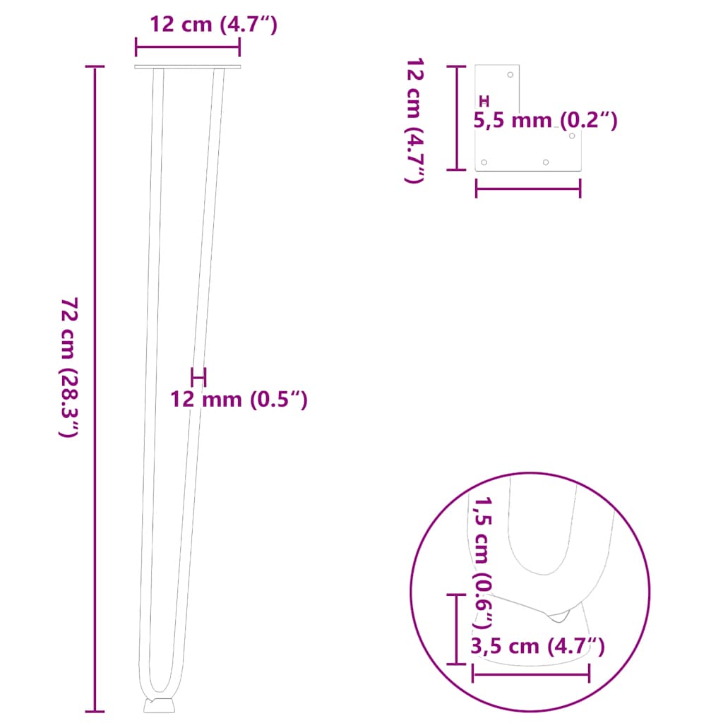 hårnåleben til konsolborde til konsolbord 4 stk. naturstål 72 cm massivt stål