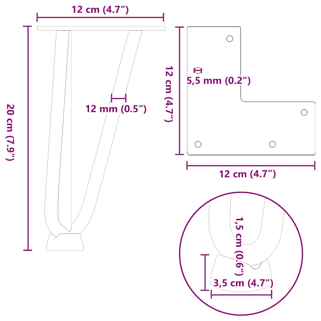 hårnåleben til sofabord 4 stk. antracit 20 cm massivt stål