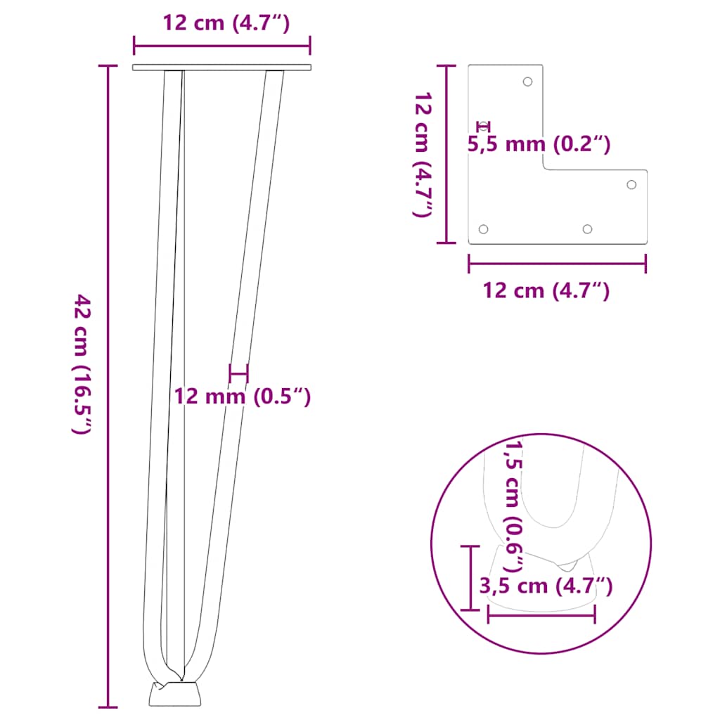 hårnåleben til sofabord 4 stk. antracit 42 cm massivt stål