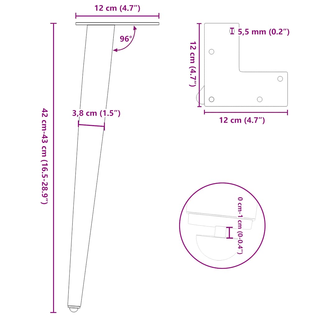 sofabordben konisk form 4 stk. hvid 42-43 cm stål