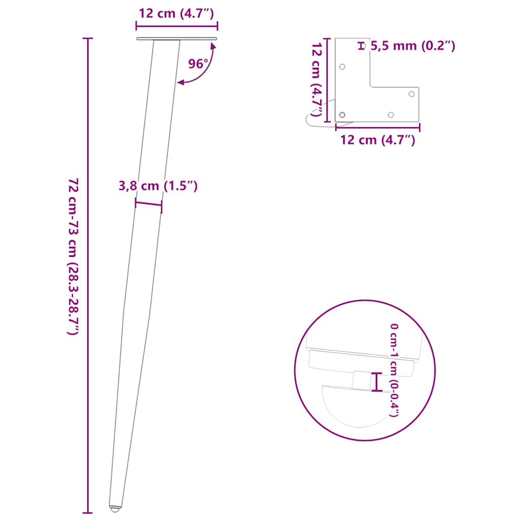 konsolbordben konisk form 4 stk. naturstål 72-73 cm stål