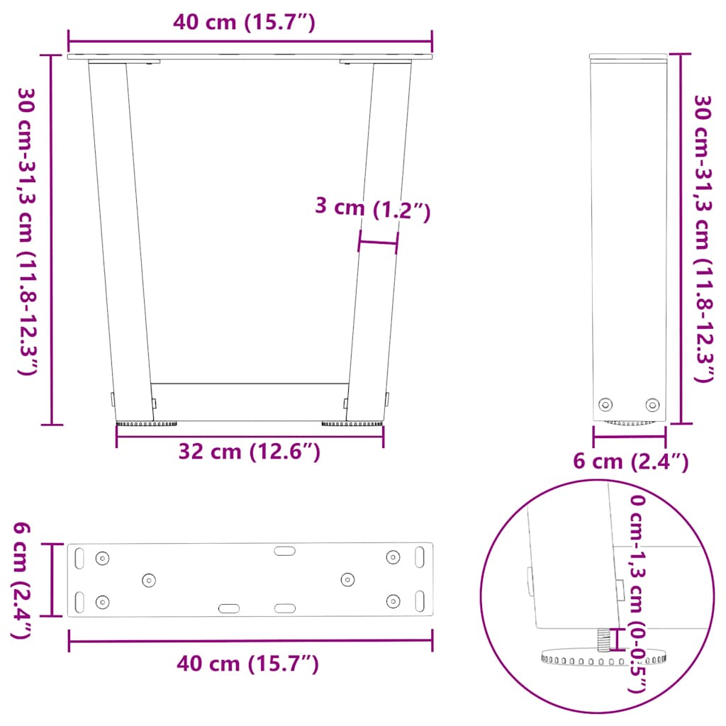 sofabordsben V-formet 2 stk. hvid 40x(30-31,3) cm stål