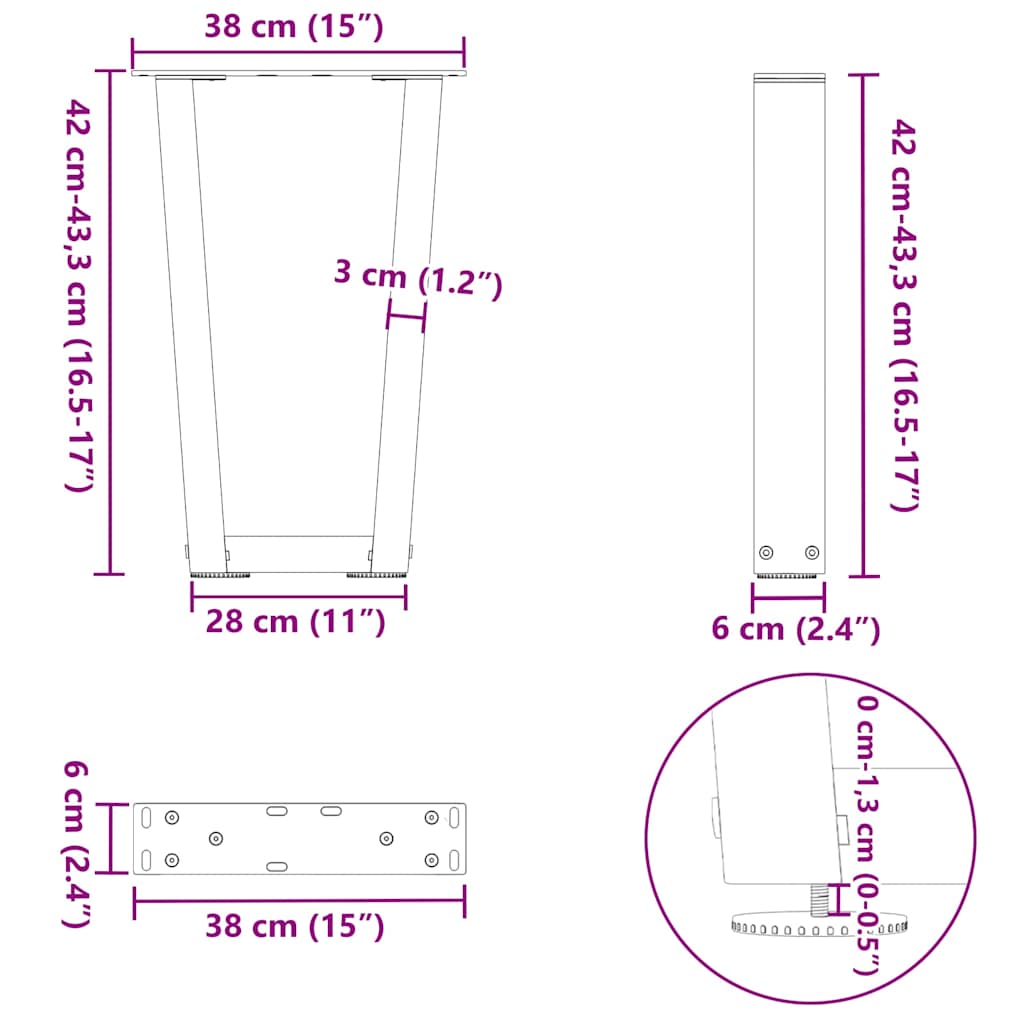 sofabordsben V-formet 2 stk. hvid 38 x (42-43,3) cm stål