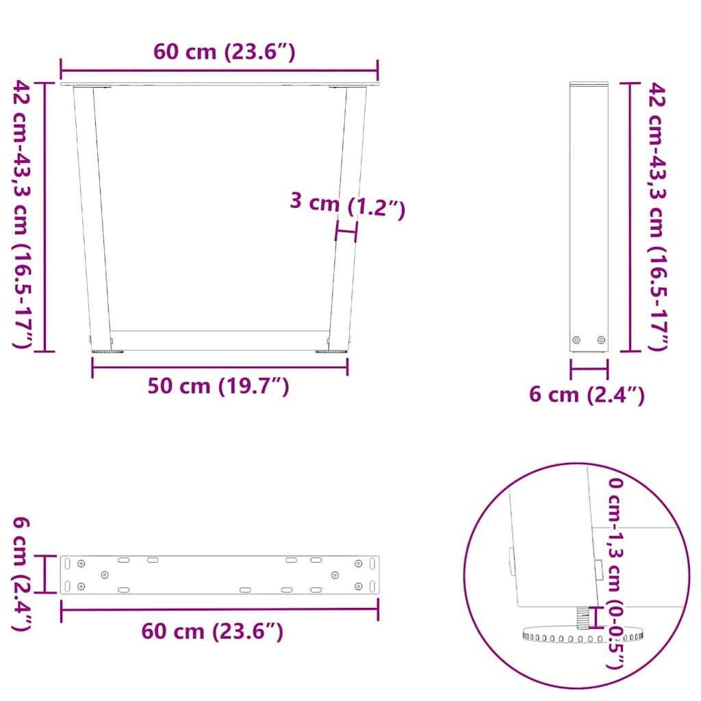 sofabordsben V-formet 2 stk. antracit 60x(42-43,3) cm stål