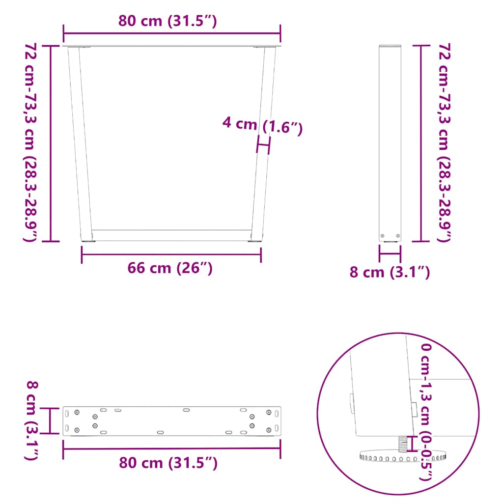 spisebordsben V-formet 2 stk. naturstål 80x(72-73,3) cm stål