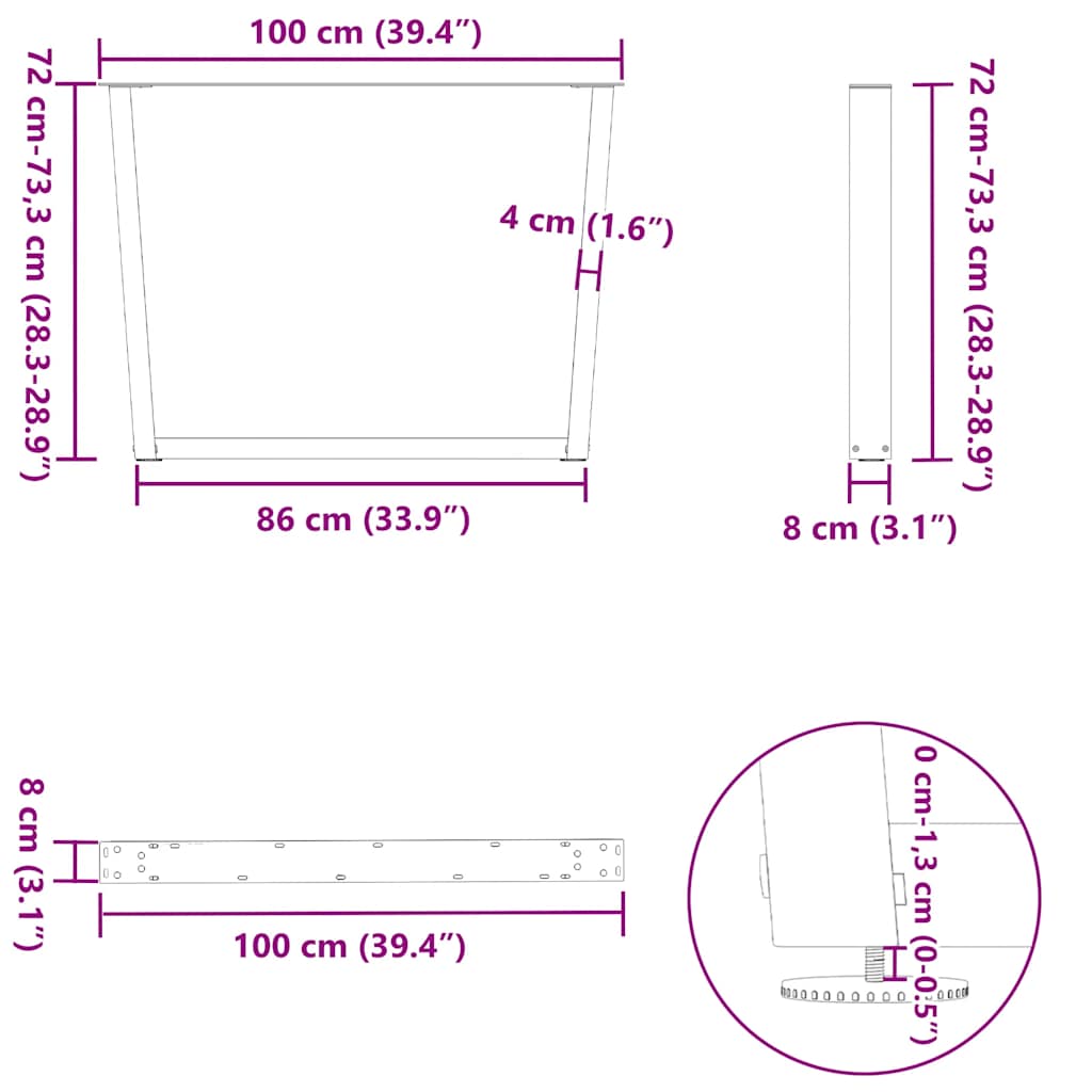 spisebordsben V-formet 2 stk. antracit 100x(72-73,3) cm stål