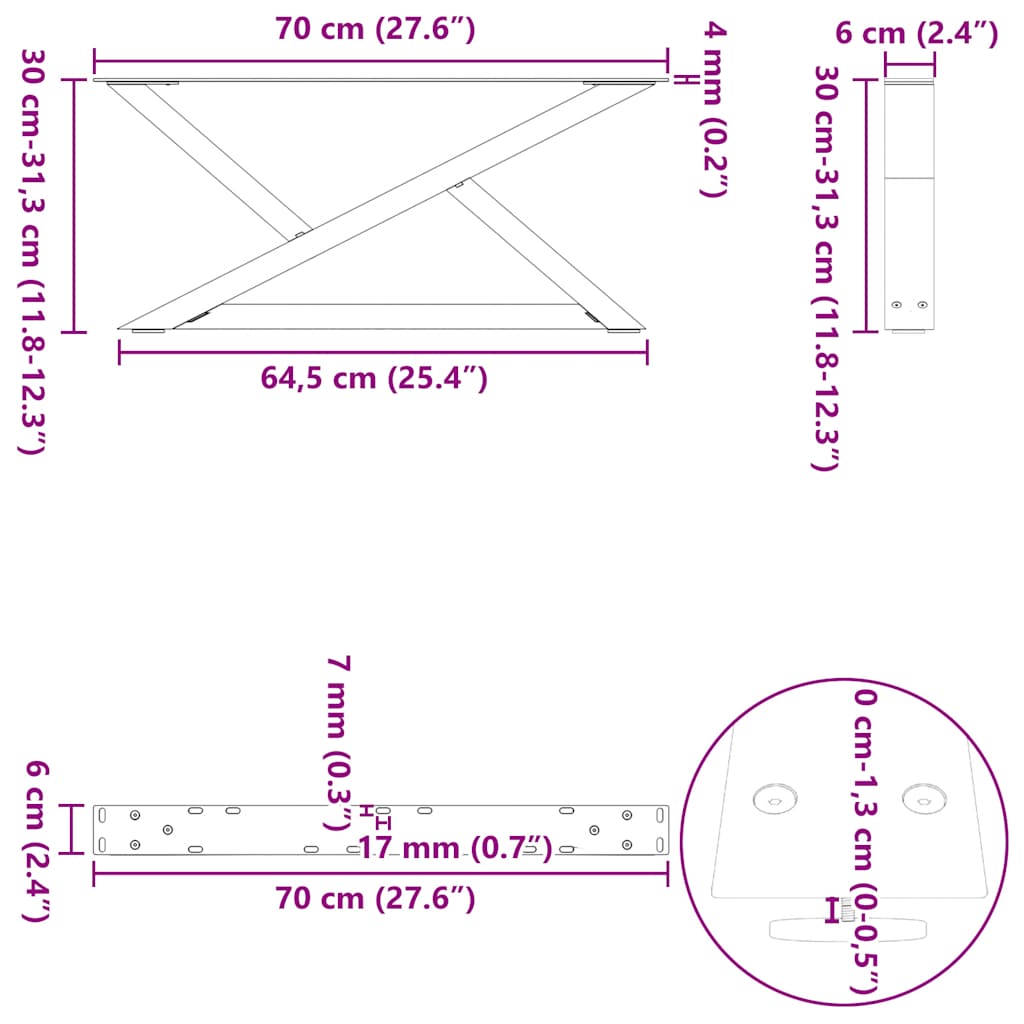 sofabordsben 2 stk. hvid 70 x (30-31,3) cm stål