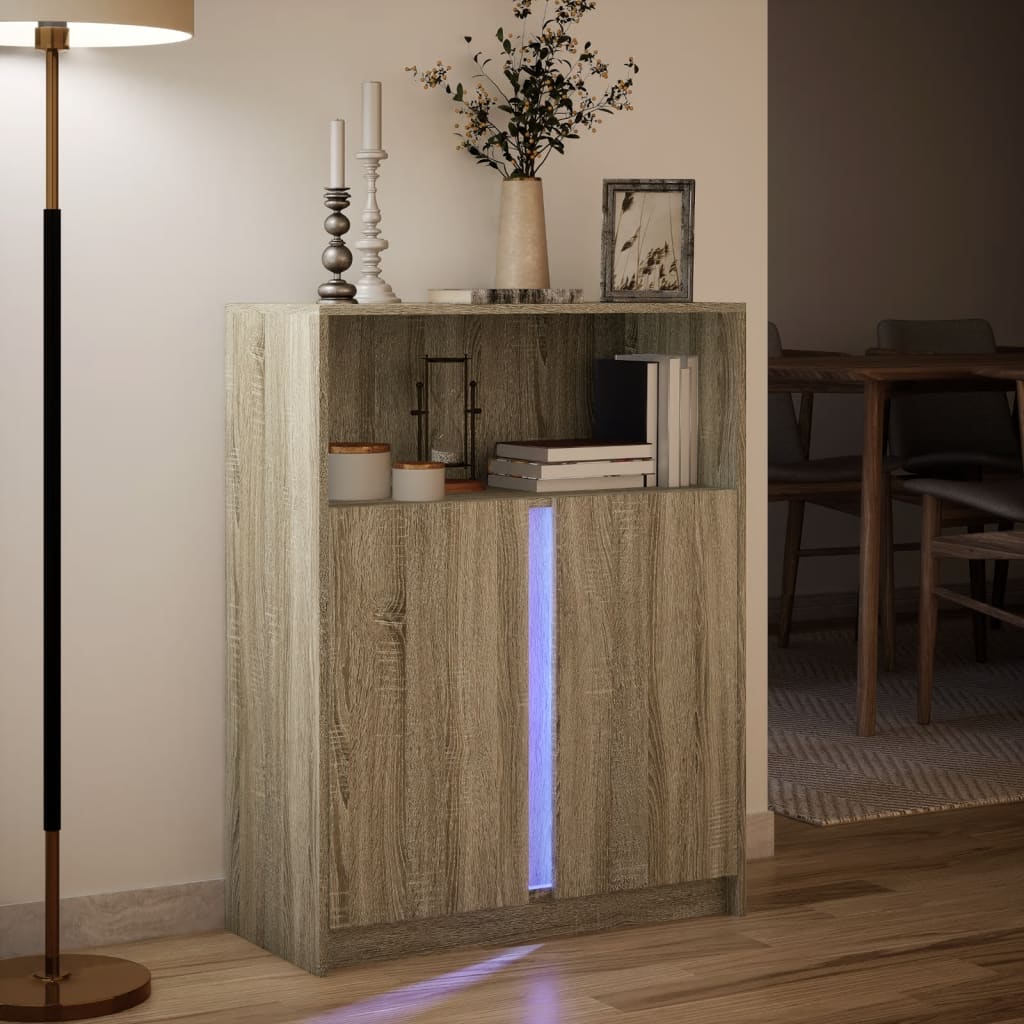 skab med LED 77x34x100 cm konstrueret træ sonoma-eg