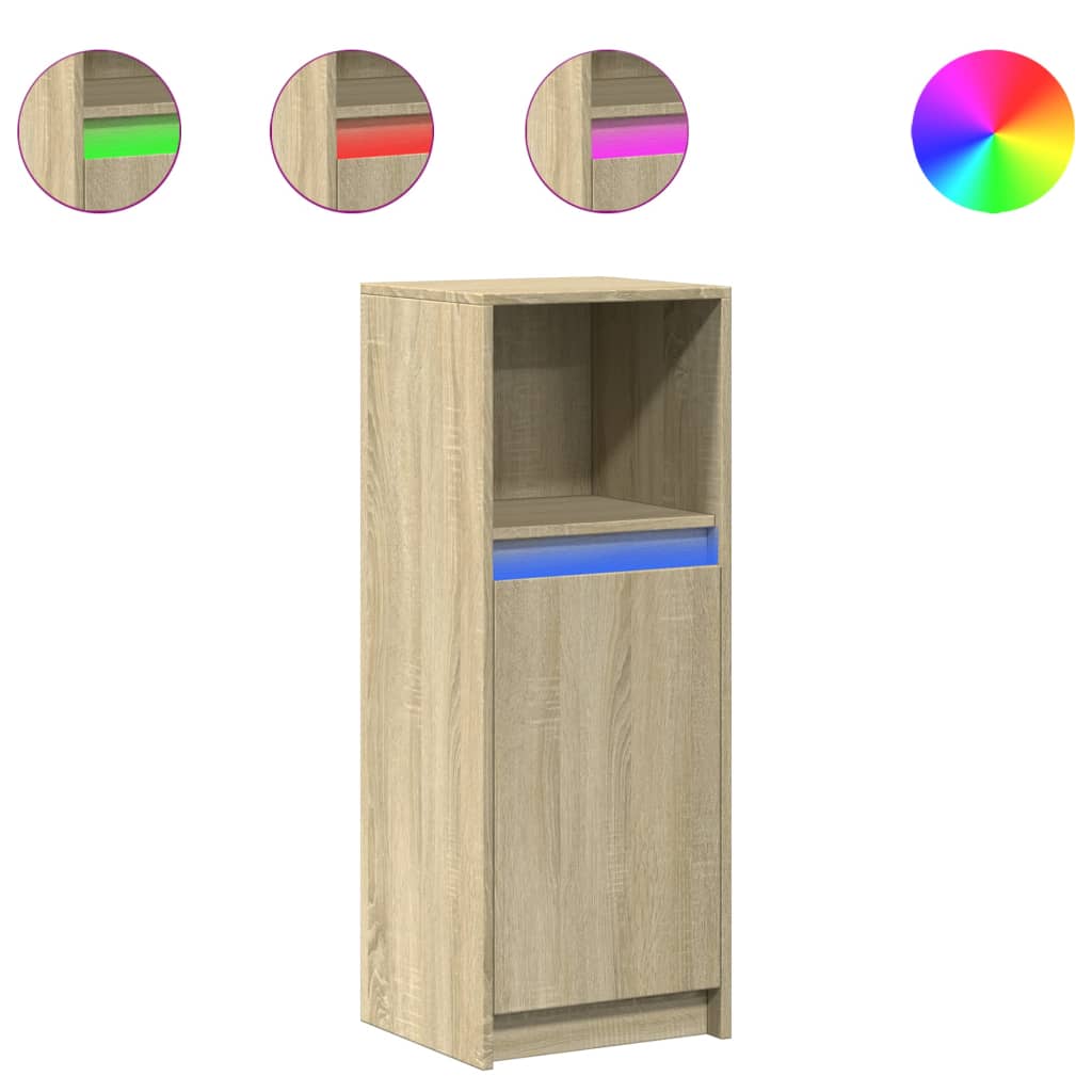 skab med LED-lys 38x34x100 cm konstrueret træ røget eg