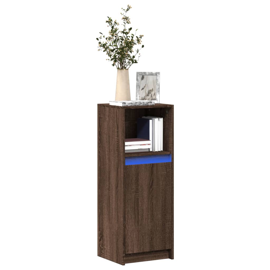 skab med LED 38x34x100 cm konstrueret træ brun egetræsfarve