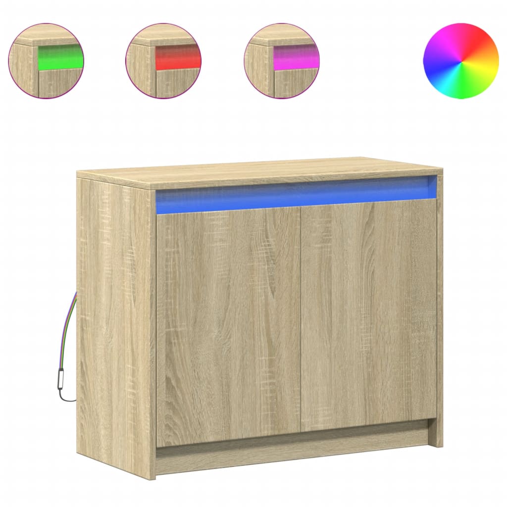skab med LED-lys 72x34x61 cm konstrueret træ røget egetræsfarve