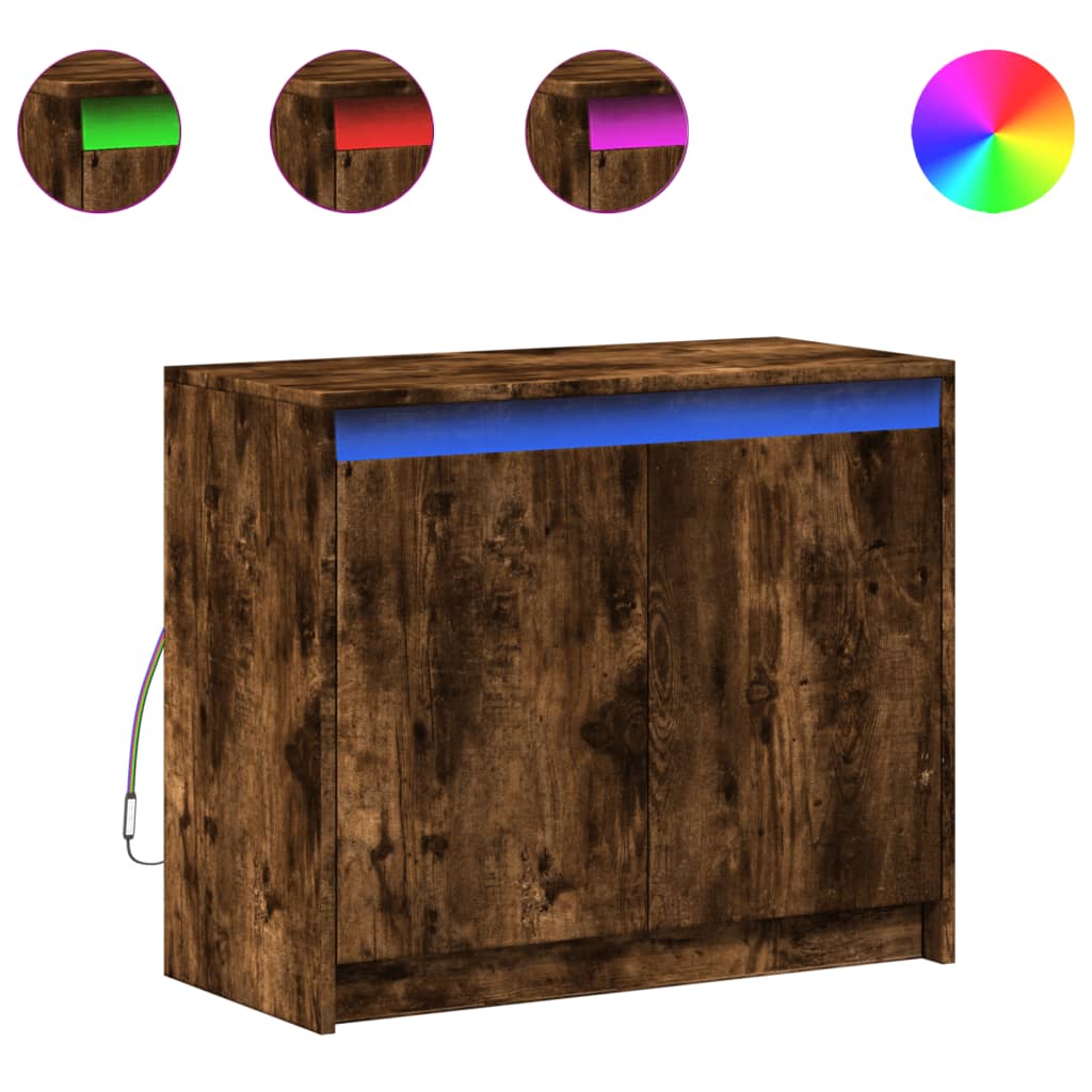 skab med LED-lys 72x34x61 cm konstrueret træ røget egetræsfarve