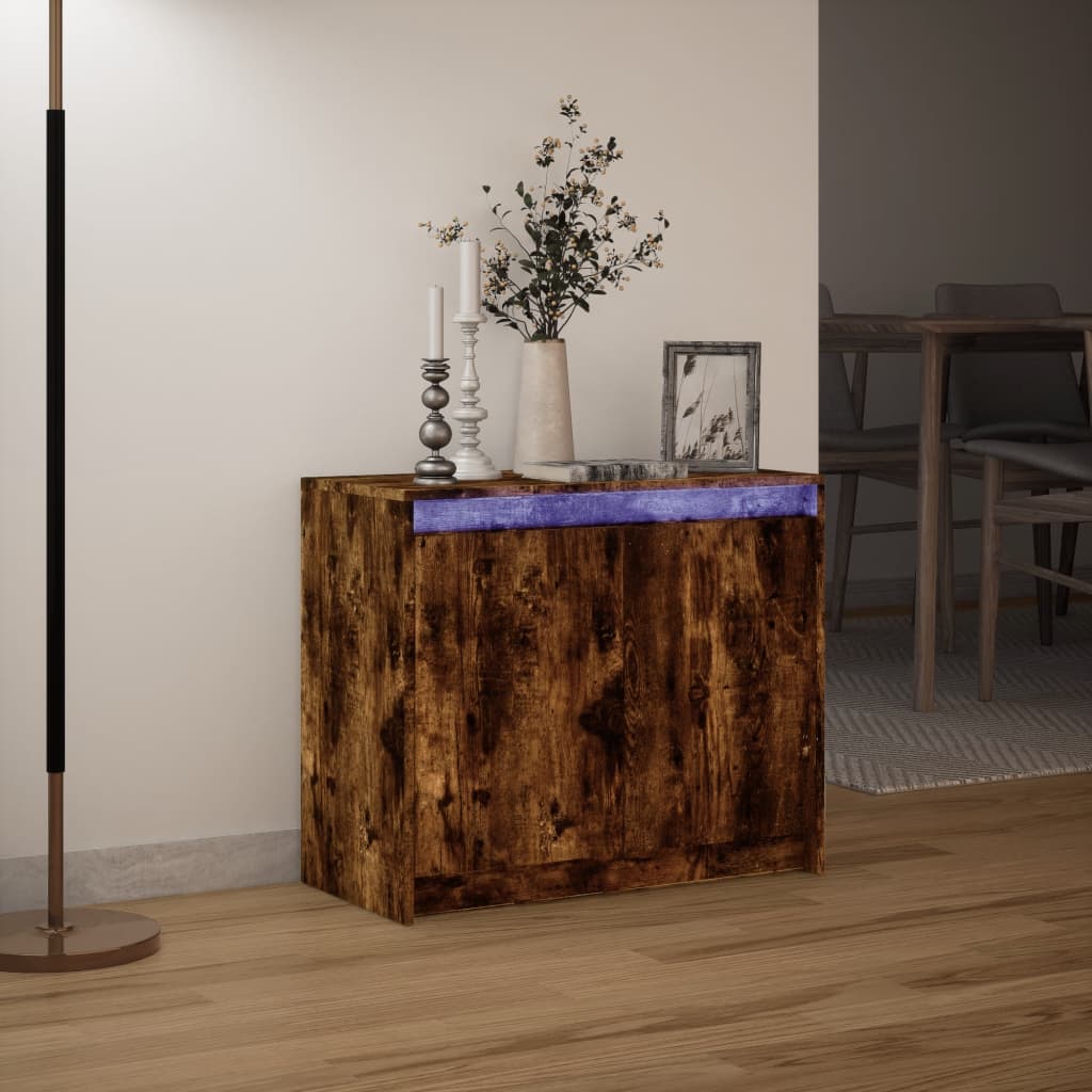 skab med LED-lys 72x34x61 cm konstrueret træ røget egetræsfarve
