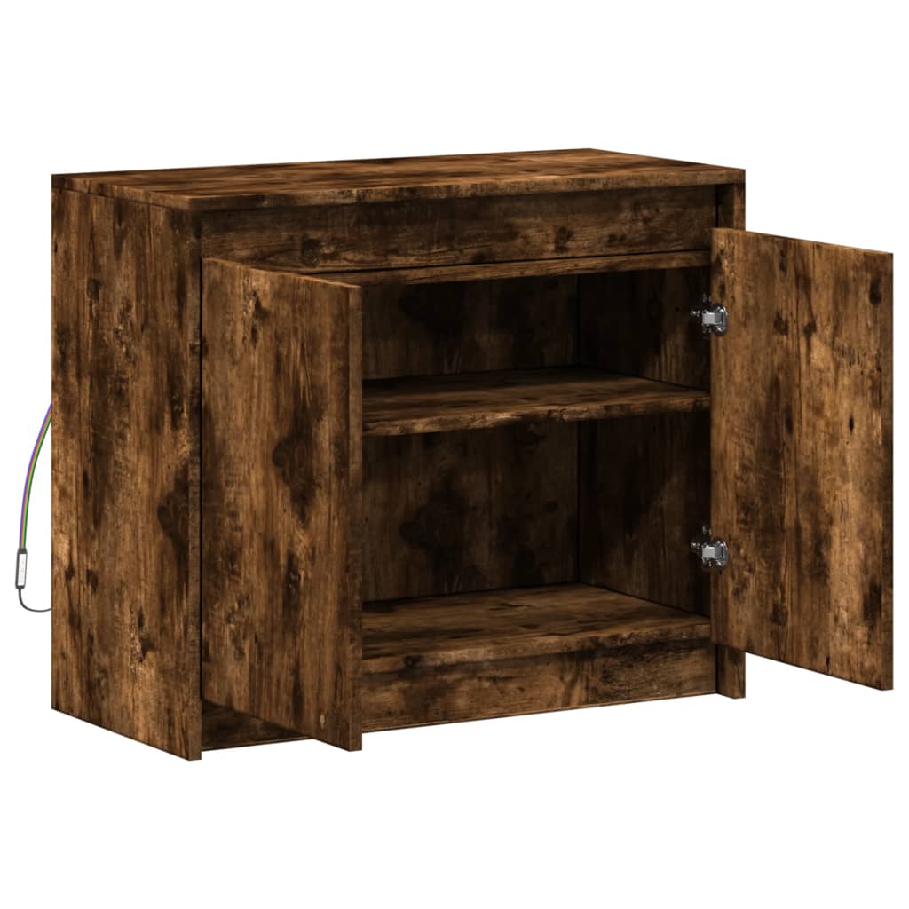 skab med LED-lys 72x34x61 cm konstrueret træ røget egetræsfarve