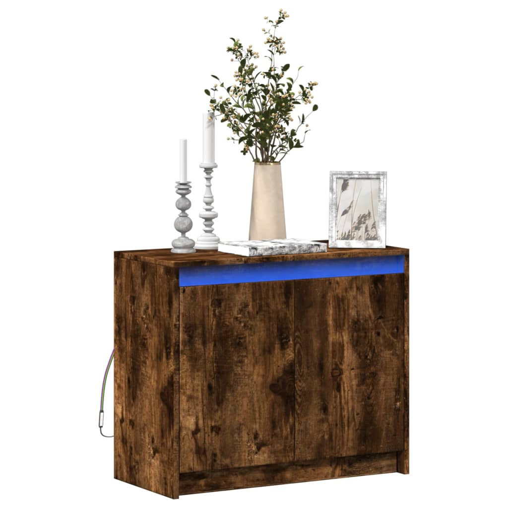 skab med LED-lys 72x34x61 cm konstrueret træ røget egetræsfarve