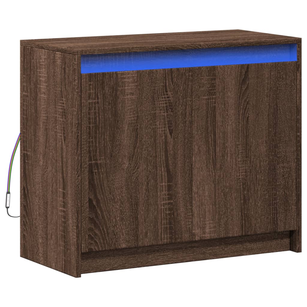 skab med LED-lys 72x34x61 cm konstrueret træ brun egetræsfarve