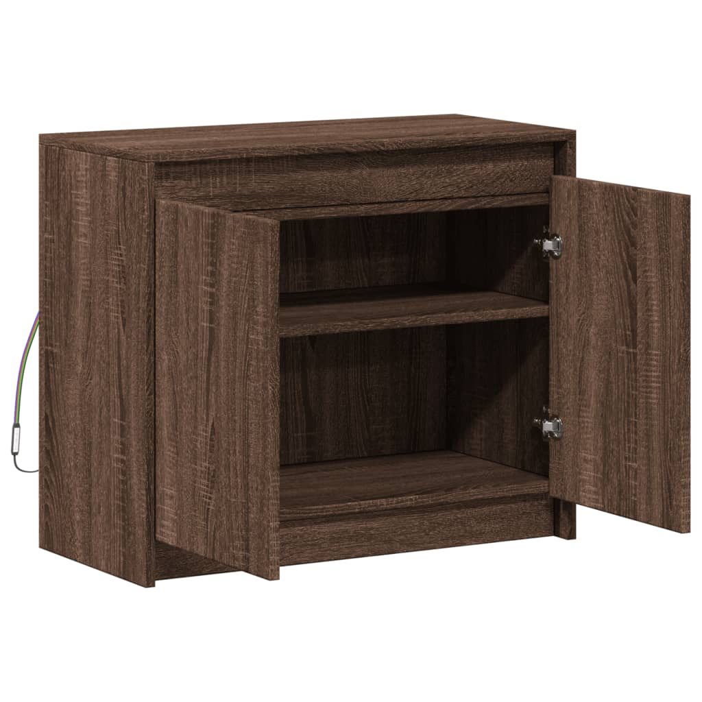 skab med LED-lys 72x34x61 cm konstrueret træ brun egetræsfarve