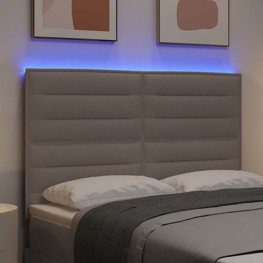 LED sengegavl med LED-lysstrimler Gråbrun 144 cm Stof
