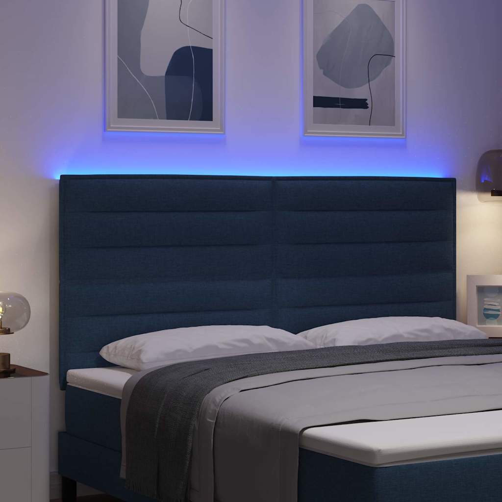 LED sengegavl med LED-lysstrimler Blå 180 cm Stof