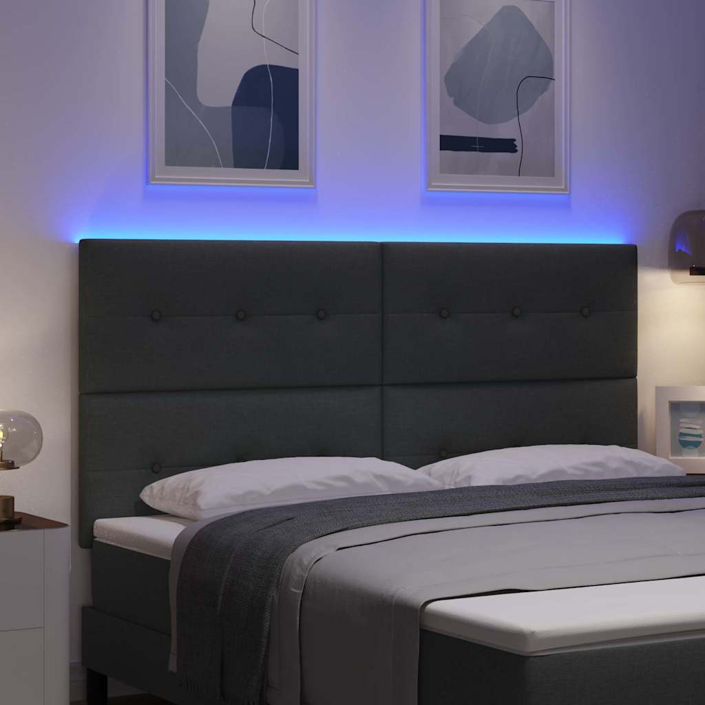 LED sengegavl med LED-lysstrimler Mørkegrå 180 cm Stof
