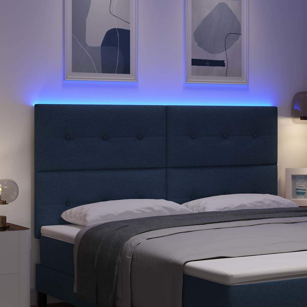 LED sengegavl med LED-lysstrimler Blå 180 cm Stof