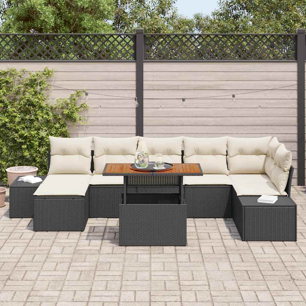 Havesofa Sæt 8 pcs Sort og Cream Poly rattan og solid akacietræ