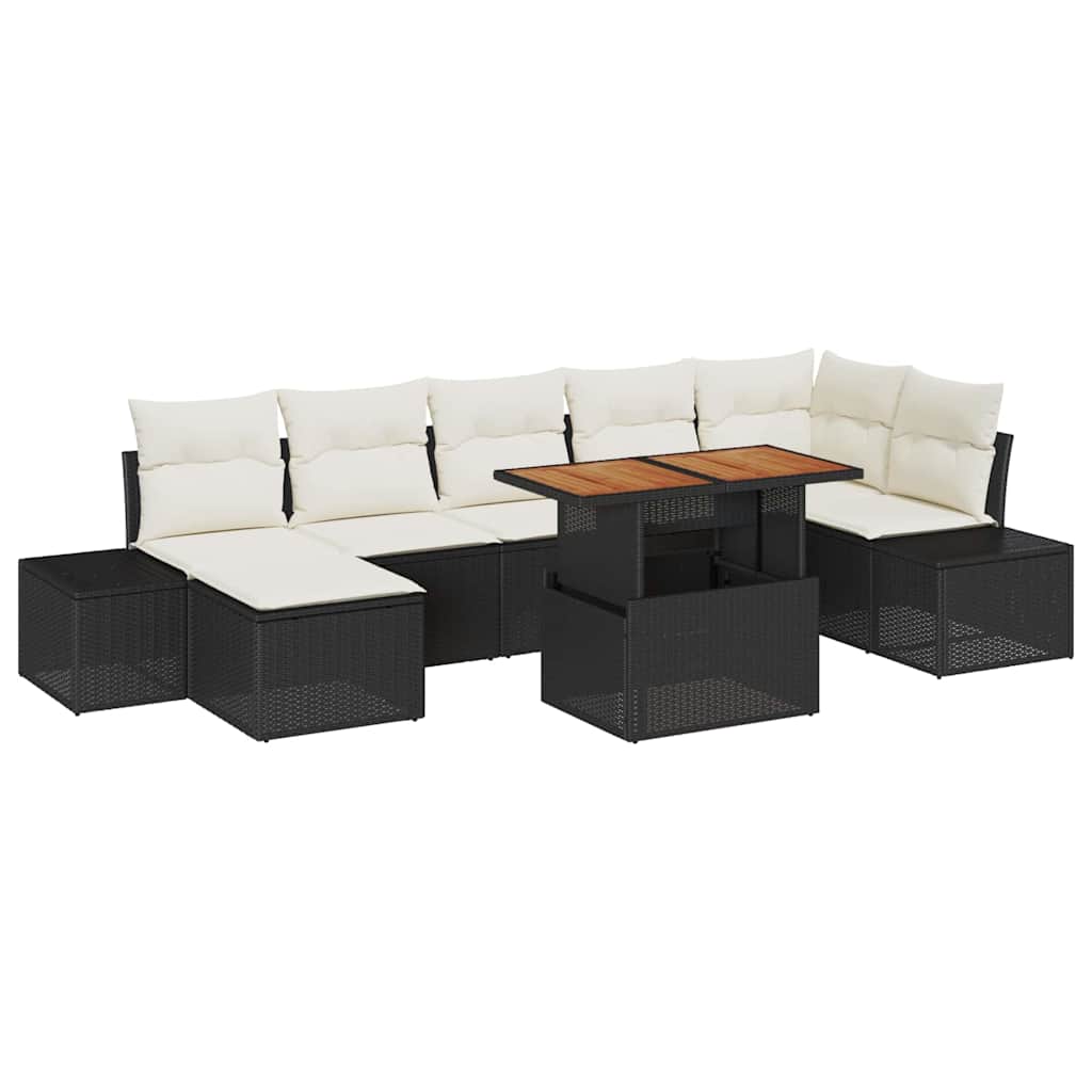 Havesofa Sæt 8 pcs Sort og Cream Poly rattan og solid akacietræ
