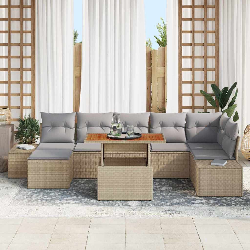 Havesofa Sæt 8 pcs Beige og grå Poly rattan og solid akacietræ