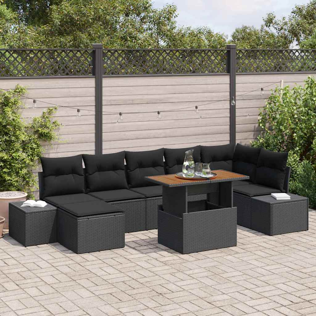 Havesofa Sæt 8 pcs Sort og Brunt Poly rattan og solid akacietræ