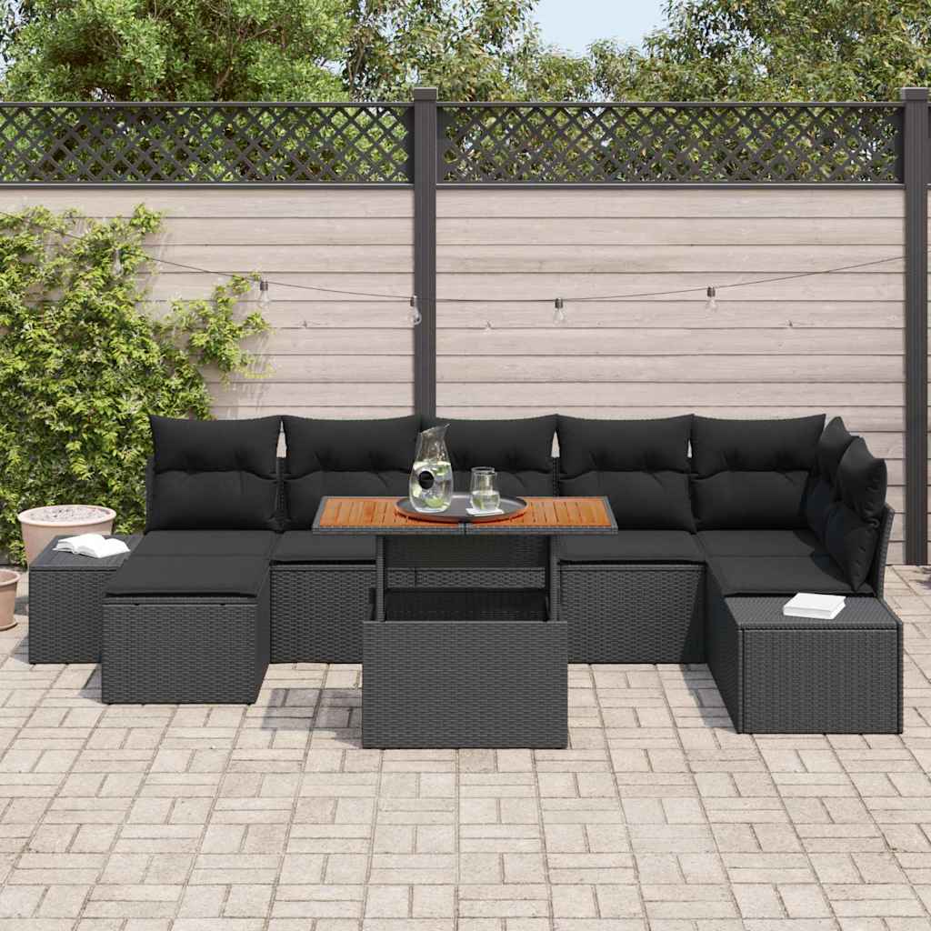 Havesofa Sæt 8 pcs Sort og Brunt Poly rattan og solid akacietræ