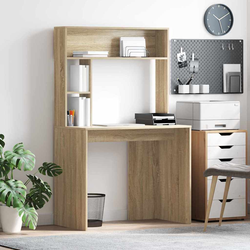Skrivebord med hylder - Sonoma eg, 91 × 50 × 149 cm, konstrueret træ