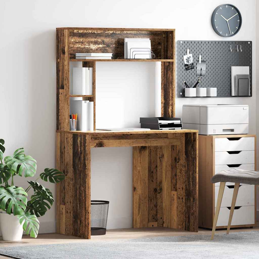 Skrivebord med hylder - gammelt træ look, 91 × 50 × 149 cm, konstrueret træ