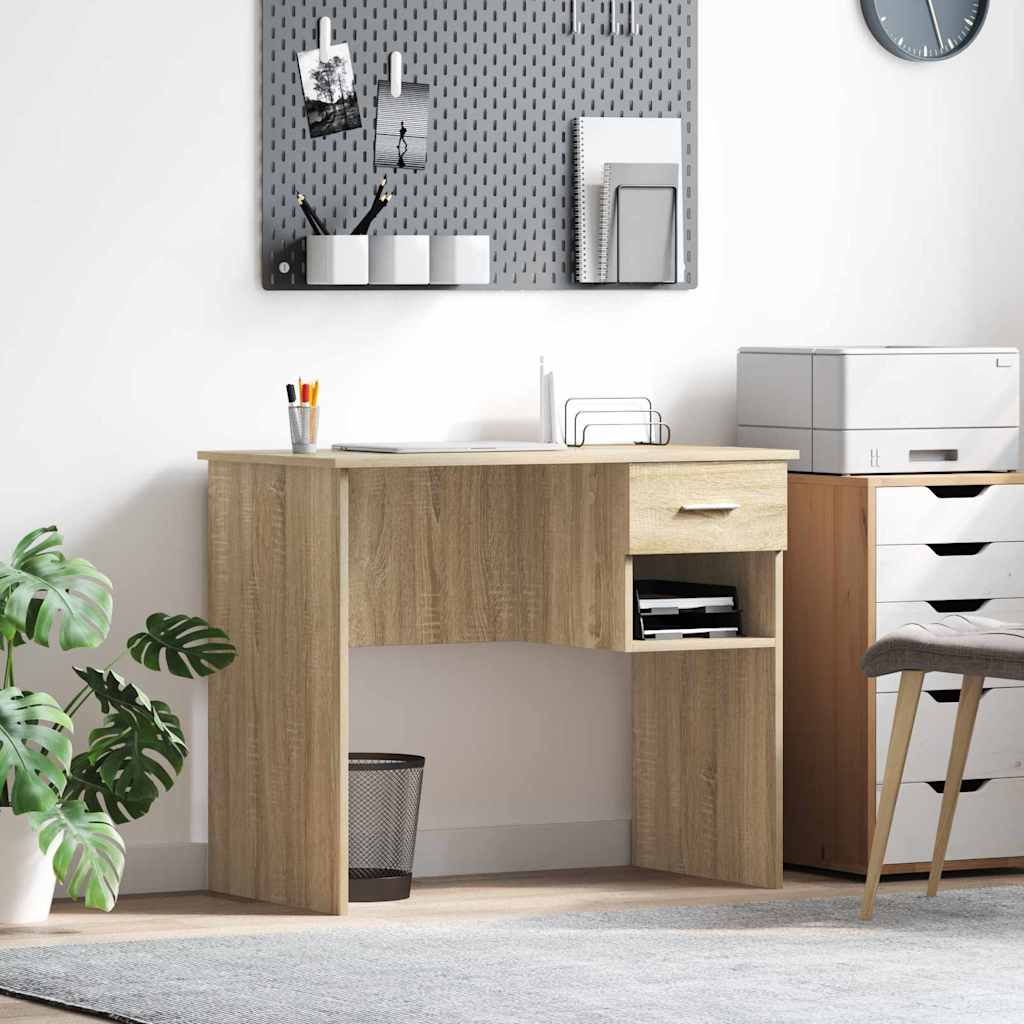 Skrivebord med skuffe - Sonoma eg, 90 × 49 × 75 cm, konstrueret træ