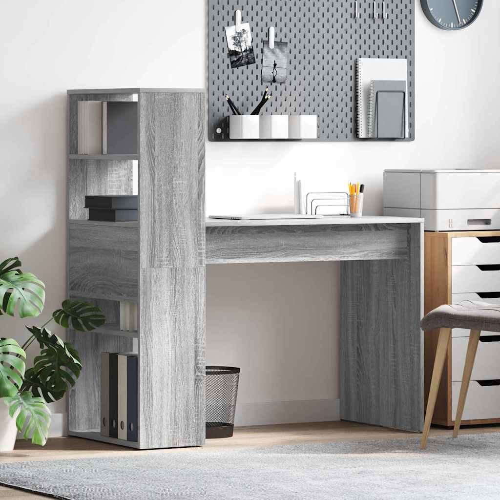 Skrivebord med hylder - grå sonoma, 113 × 54 × 120 cm, konstrueret træ