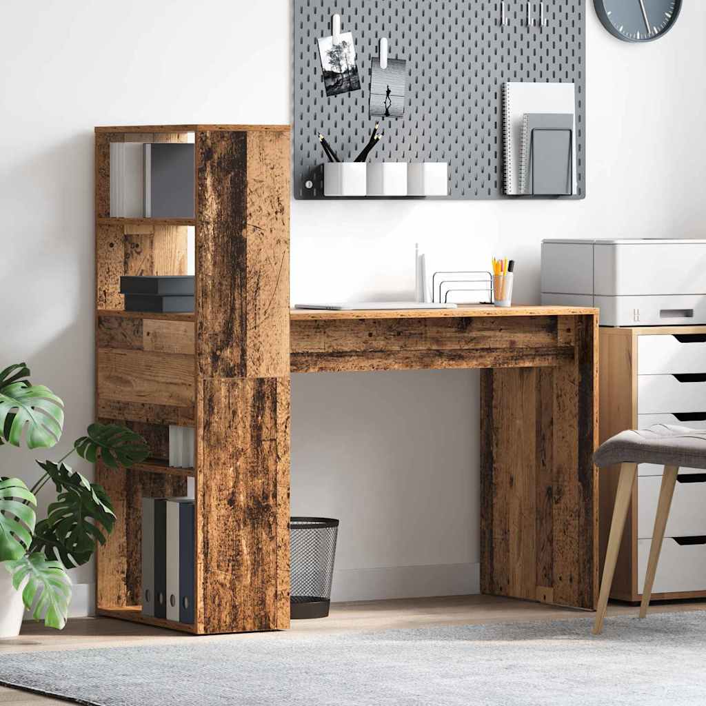 Skrivebord med hylder - gammelt træ look, 113 × 54 × 120 cm, konstrueret træ