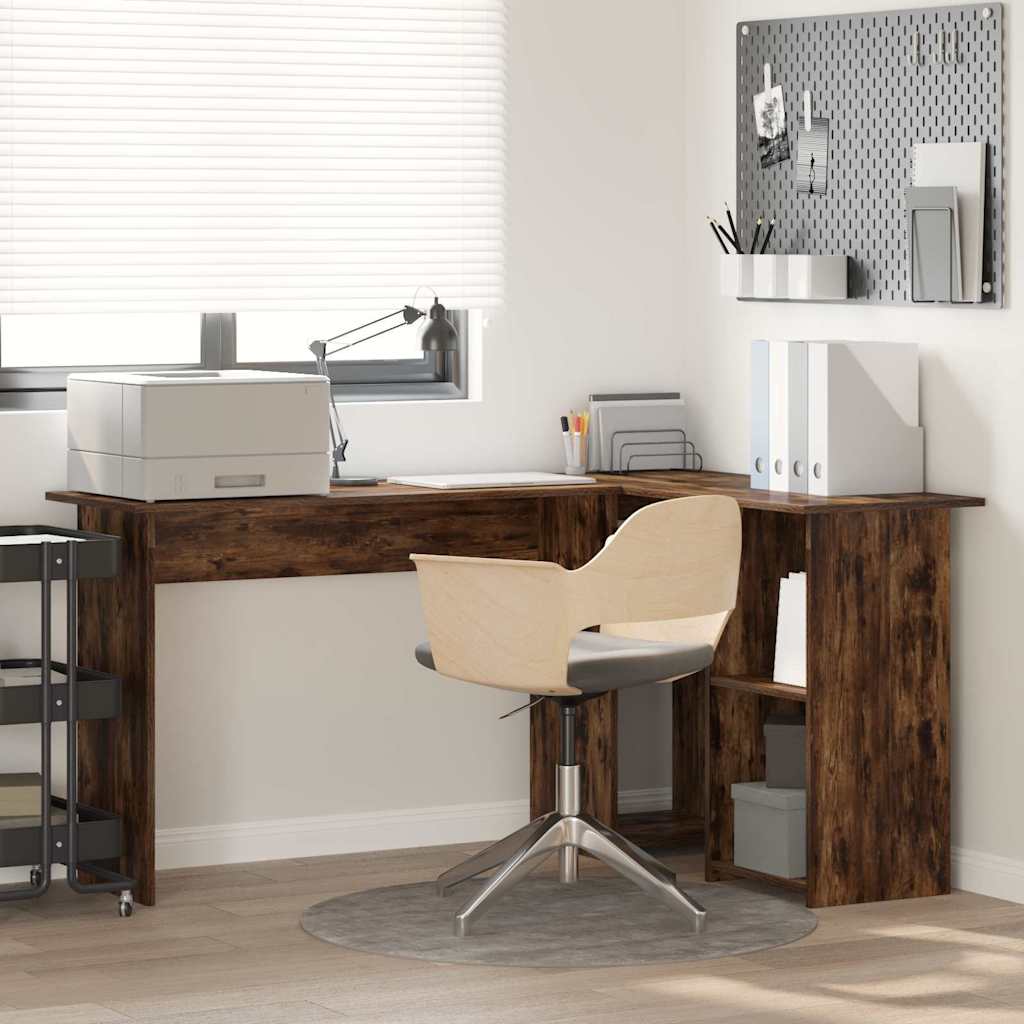 Hjørneskrivebord med hylder - røget eg, 142 × 102 × 73 cm, konstrueret træ