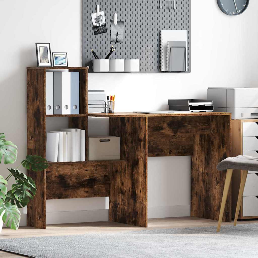 Skrivebord med hylder - røget eg, 131,5 × 50 × 106,5 cm, konstrueret træ