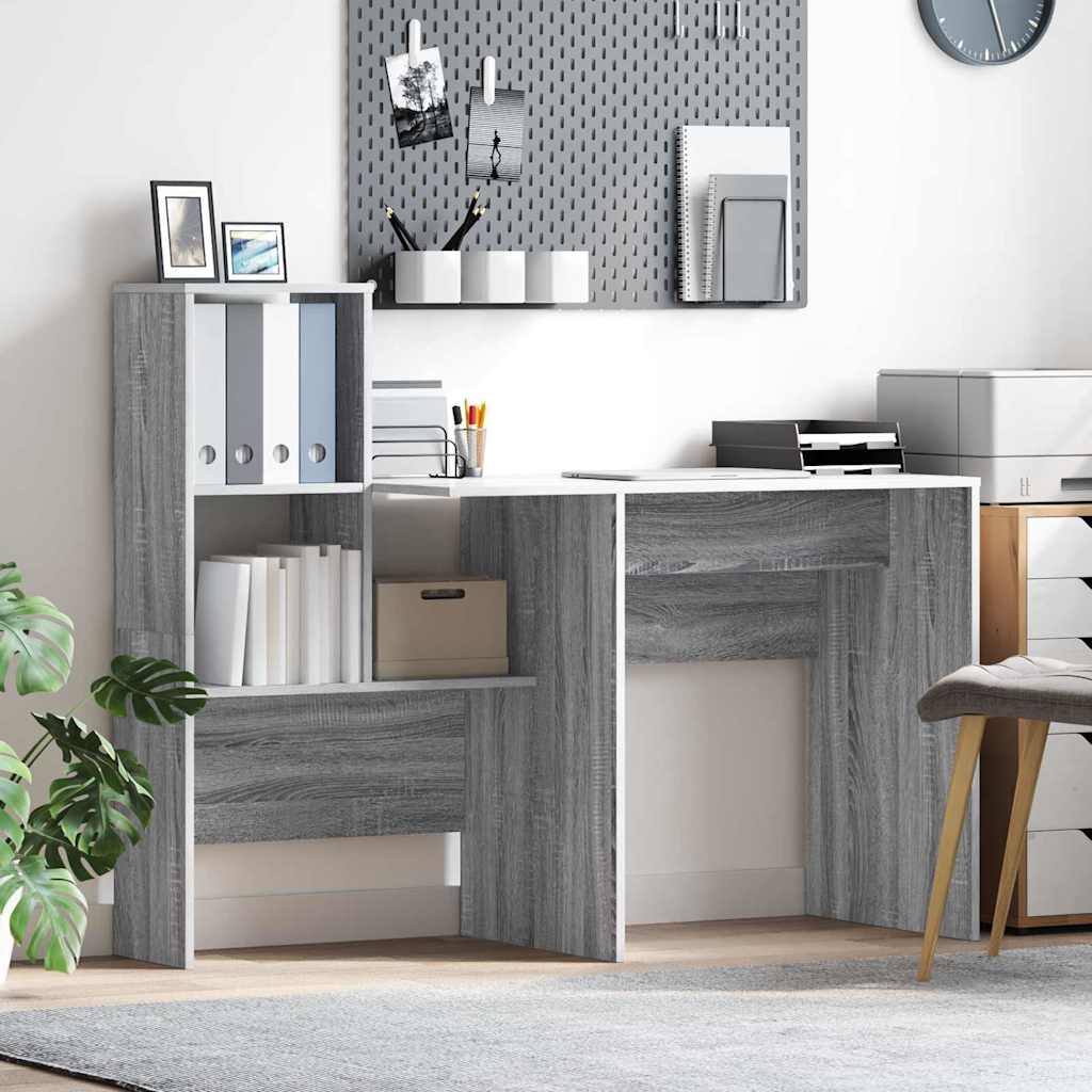 Skrivebord med hylder - grå sonoma, 131,5 × 50 × 106,5 cm, konstrueret træ