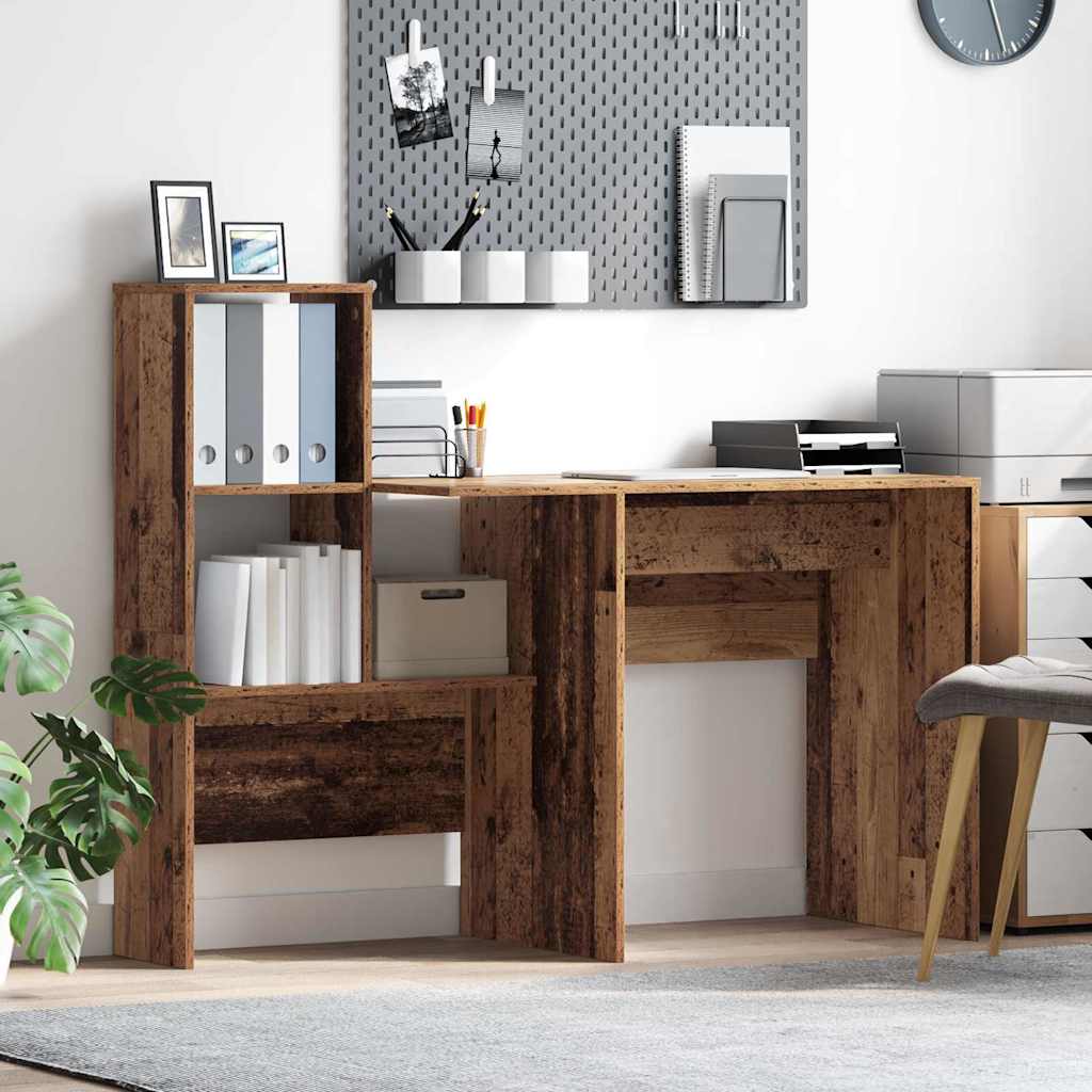 Skrivebord med hylder - gammelt træ look, 131,5 × 50 × 106,5 cm, konstrueret træ